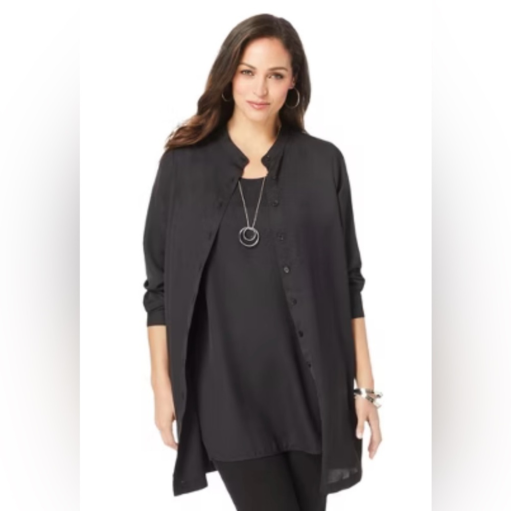 Jessica London Georgette Sheer Button Front w/Tank Black 2 pc Tunic 16W NWOT